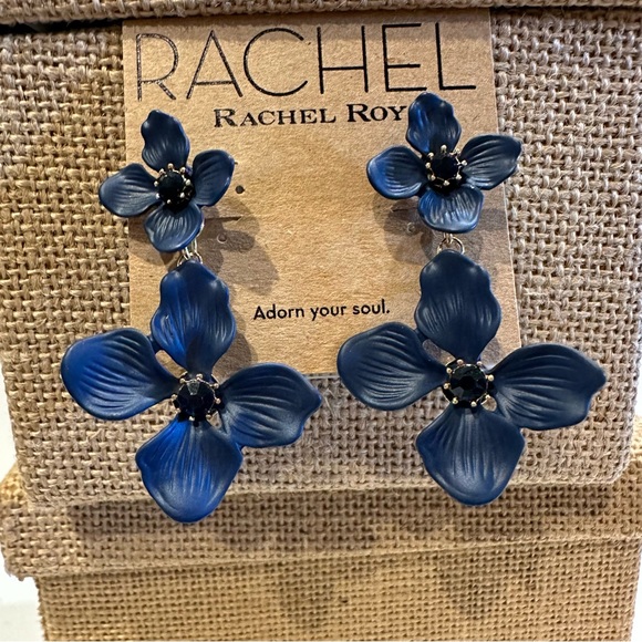 NWT RACHEL Rachel Roy Earrings Navy Blue Double Flower w/ center crystal - Picture 3 of 9